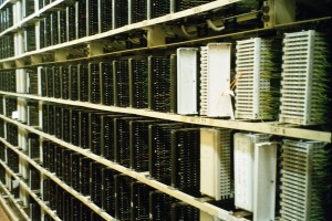 A main distribution frame at a BT telephone exchange in Birmingham