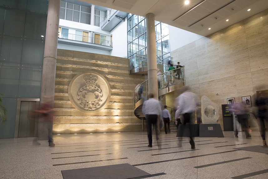 GCHQ Foyer, with artfully blurred staff. Copyright GCHQ 2014