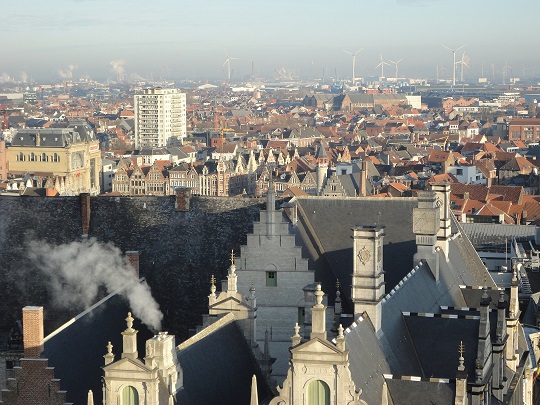 Old Ghent and its modern harbour, including windmills, taken from the Belfort tower