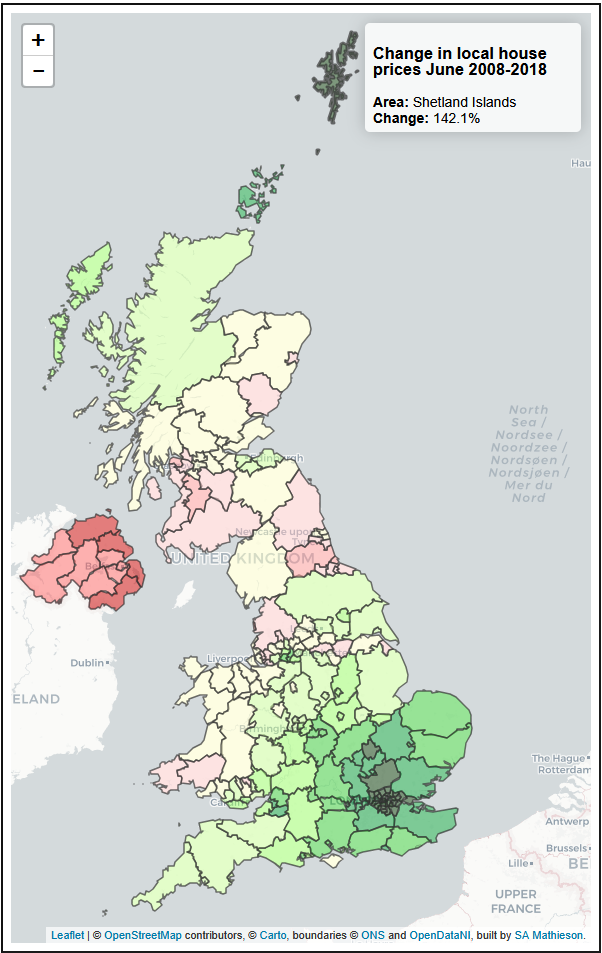 Map of change in house prices by UK local authority
