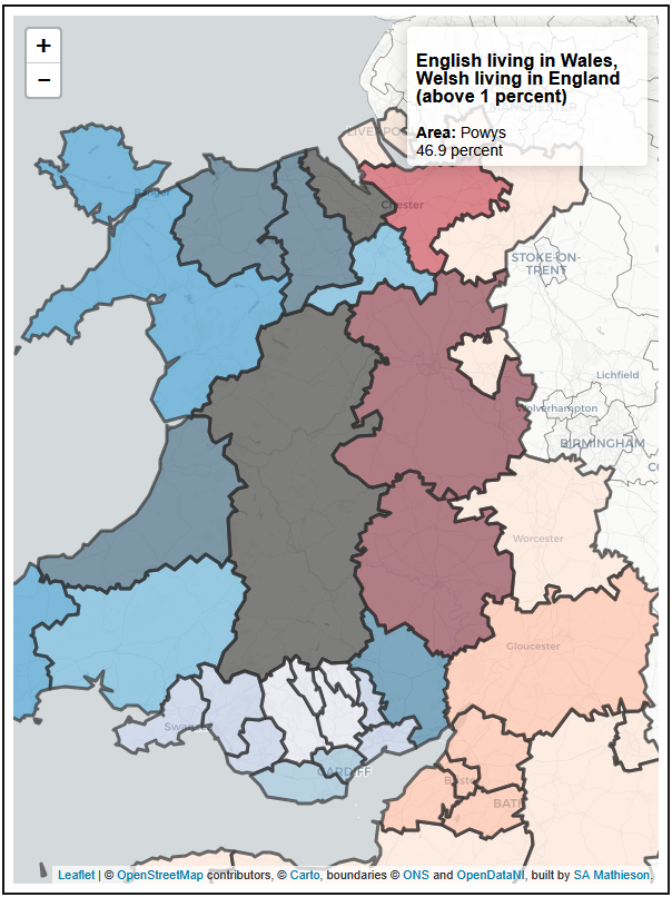 Welsh and English local authorities coloured by percentage of Welsh-born people