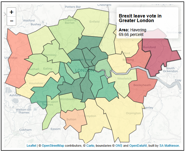 London boroughs coloured by Brexit vote